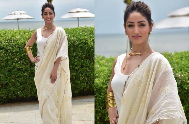 yami gautam gave a twist to the saree look by wearing a tank top